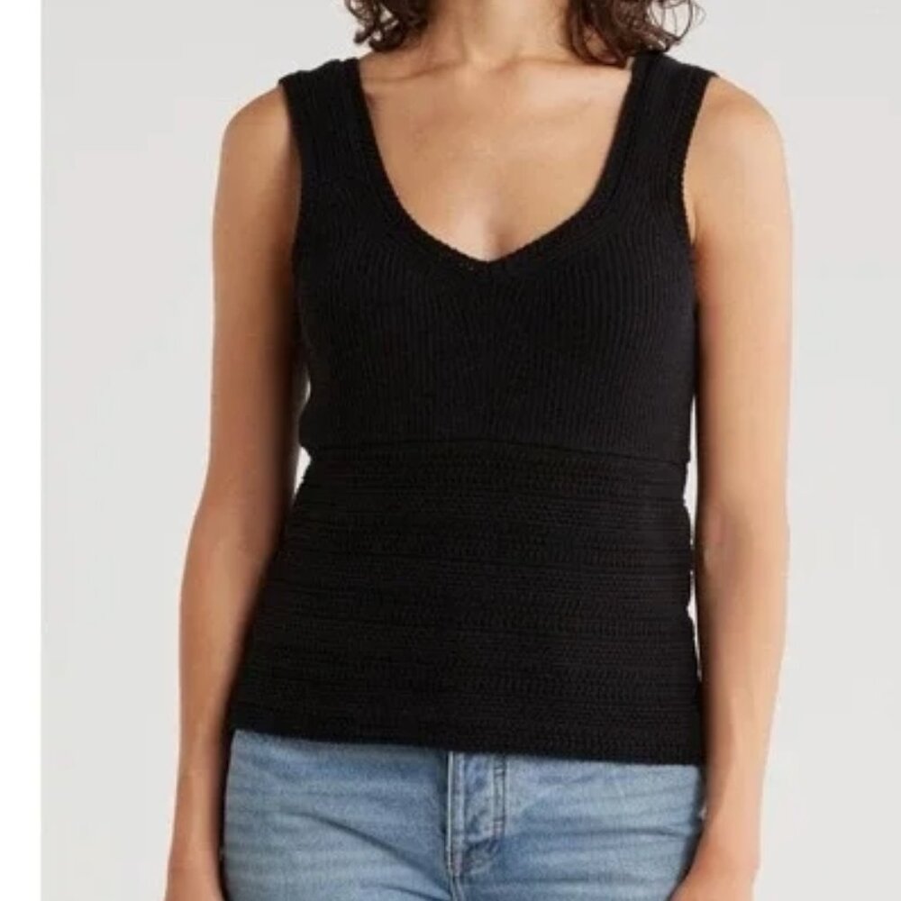 DKNY women L sweater tank top black v-neck mixed knit office‎ career pullover